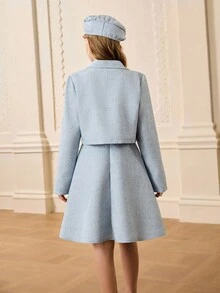 Girls Elegant Fashion Elegant Lapel Shoulder Short Jacket, Round Neck Sleeveless High Waist Short Dress, And Matching Beret Hat 3 Pieces Set, Suitable For Autumn/Winter