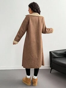 青少年女孩休闲长款米色仿毛领夹克