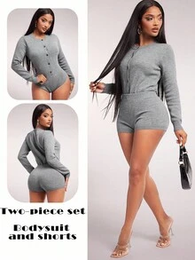 Radiana New Spring/Autumn European And American Sexy Tight Snap Button Long Sleeve Base Layer Top And Shorts 2-Piece Set For Women Two Pieces Set Women Comfy Women Knit Two Pieces Set Grey 2 Pieces Set Comfortable Two Pieces Set 2 Pieces Lounge Set Women,ملابس شتوية للنساء