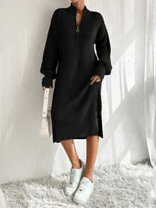 EURMUSE Women Knit Sweater Dress With Zipper Detail - Hitam - View 8