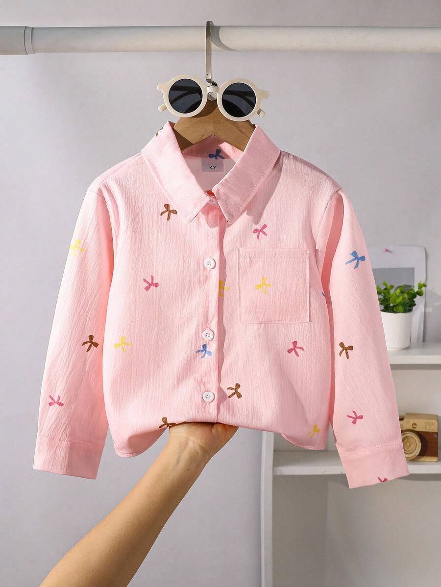 SHEIN Playful Pals Girls' Digital Print Cartoon Bow Long Sleeve Shirt Fall Winter - Pink - View 1