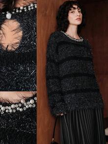 Uhlyne Minimalist Round Neck Long Sleeve Elegant Casual Knit Sweater, Handcrafted Beaded Details, Women Pullover, Suitable For Parties And Banquets, Autumn/Winter, Halloween Theme - Black - View 1