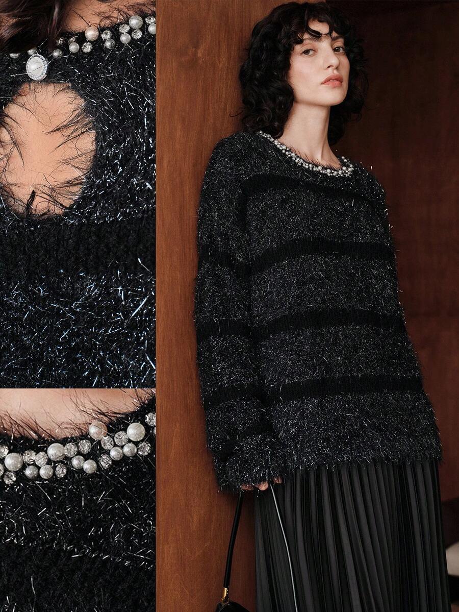 Uhlyne Minimalist Round Neck Long Sleeve Elegant Casual Knit Sweater, Handcrafted Beaded Details, Women Pullover, Suitable For Parties And Banquets, Autumn/Winter, Halloween Theme - Black - View 1