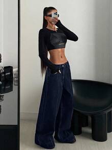 CasuGlow 女式低腰口袋阔腿宽松休闲百搭牛仔裤 - 深色水洗藍 - 查看 4