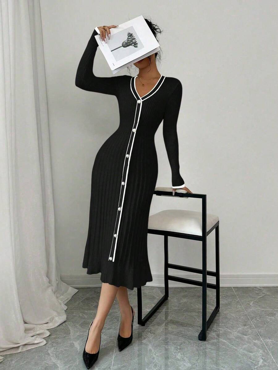 Elenzga Color Block V-Neck Button Front Fitted Long Sleeve Sweater Dress - Black - View 1