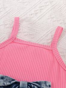 SHEIN Baby Girl Autumn Denim Long Sleeve Jacket With Bow Decor And Mesh Hem Slip Dress Cute 2-Piece Set Fall Winter - Pink - View 6