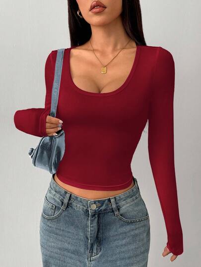 SHEIN PETITE Camiseta básica de manga larga de unicolor negro con cuello de barco y ajuste ceñido, adecuada para verano, otoño/invierno, de estilo minimalista y casual para mujer en color borgoña