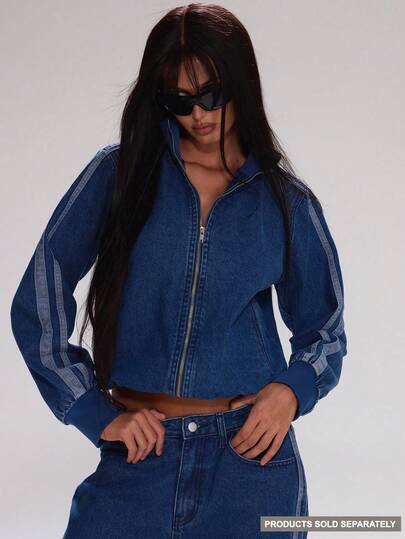 MUSERA 高领撞色条纹包边拉链牛仔夹克，可爱秋季返校休闲工作街头风运动职业装商务休闲时尚款