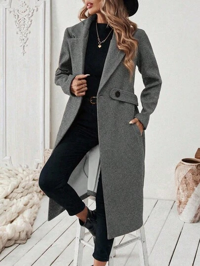 Vionelle Plus Size Women's Classic Casual Minimalist Lapel Cinched Waist Button Pocket Mid-Length Coat, Autumn/Winter Long Jacket For Women Long Coat Women Coats Winter Outfits For Women Trench Coat Women