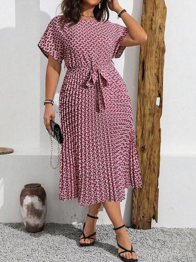 Breezaya Plus Size Crew Neck Short Sleeve All-Over Print Casual Front Tie Dress Maxi Women Outfit Polka Dot Dress Women Women Vacation Dress Women Midi Dress Curve Summer Dresses Polka Dots Casual Midi Dress Polka Dot