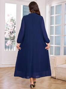 Lacomfia Plus Size Women Loose Casual Ruffle Collar Tie Waist Long Sleeve Dress - Navy Blue - View 2