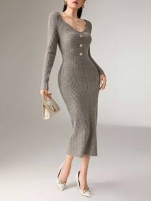 Heiryn Women's Elegant Metal Buckle Sweater Dress,Gray Autumn Office Knit Dresses,Ribbed Button Dress,Winter - Grey - View 5