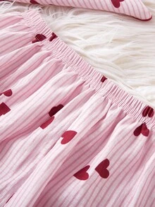 少女粉色心形条纹印花法兰绒面料睡衣套装，长裤和长袖，时尚舒适的家居服 - 粉色 - 查看 7