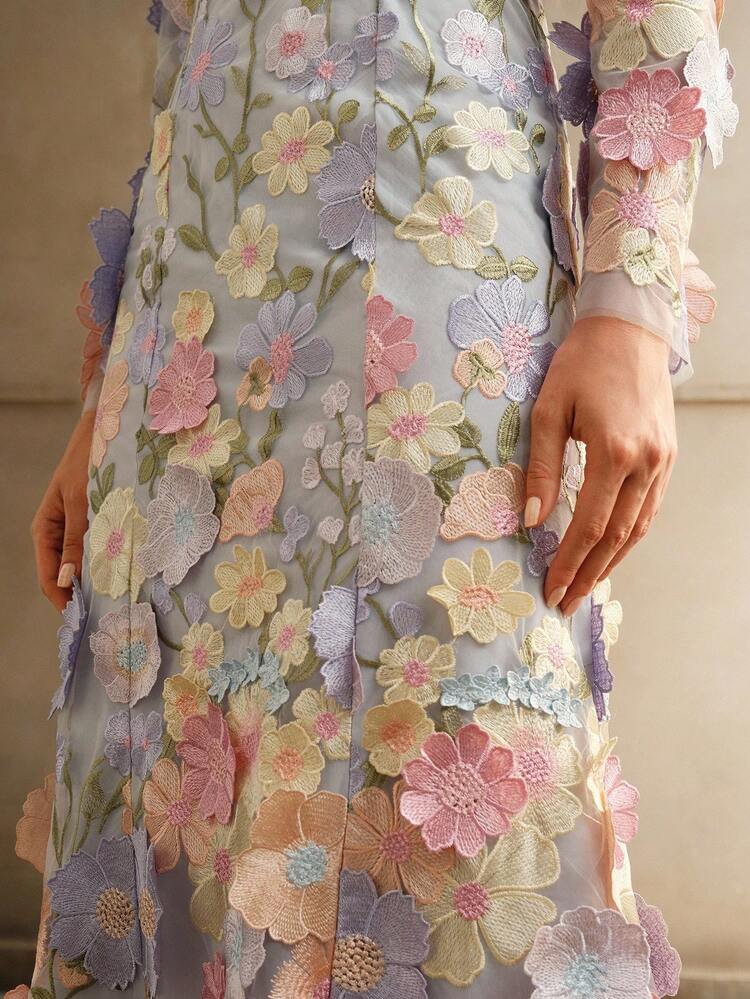 Women's Square Neck Elegant Embroidery Floral Handcrafted A-Line Dress (Printed Asymmetrical Cutting) Maxi Women Outfit