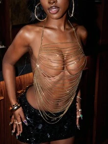 BamGleam Shiny Gold Backless Music Festival Party Queen Clubbing Top For Women Metal Chain Sexy Party - Gold - View 4