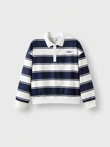 JNSQ Tween Boy Striped & Letter Print Polo Neck Pullover Sweatshirt, Suitable For Autumn/Winter Daily Wear, Outdoor Activities, Vacation, Streetwear, Party And Casual