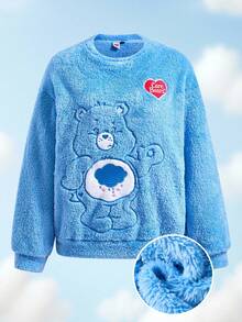 SHEIN X Care Bears 女士休闲可爱卡通熊刺绣落肩宽松泰迪羊毛套头衫，秋冬