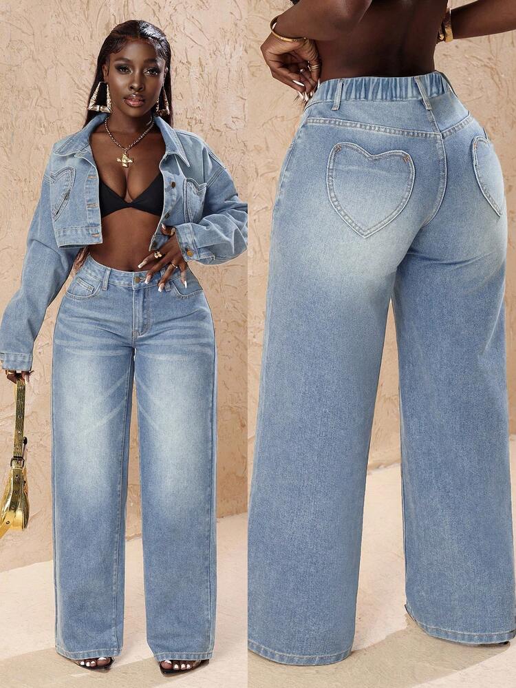 Slaydiva Plus Size Vintage Faded Denim Wide Leg Pants With Heart
