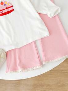 Genkimix Kids 2pcs/Set Young Girls Cute Cartoon Strawberry Cake Print Flutter Sleeve T-Shirt And Light Pink Flare Pants,Autumn Family Matching Casual Outfit Set - White - View 6