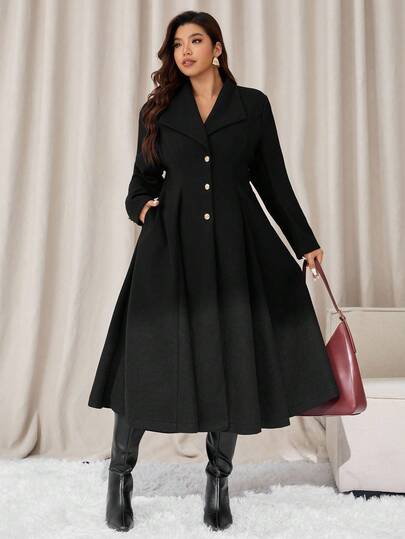 Auralis 秋冬加大码纯色口袋前扣优雅长袖长大衣