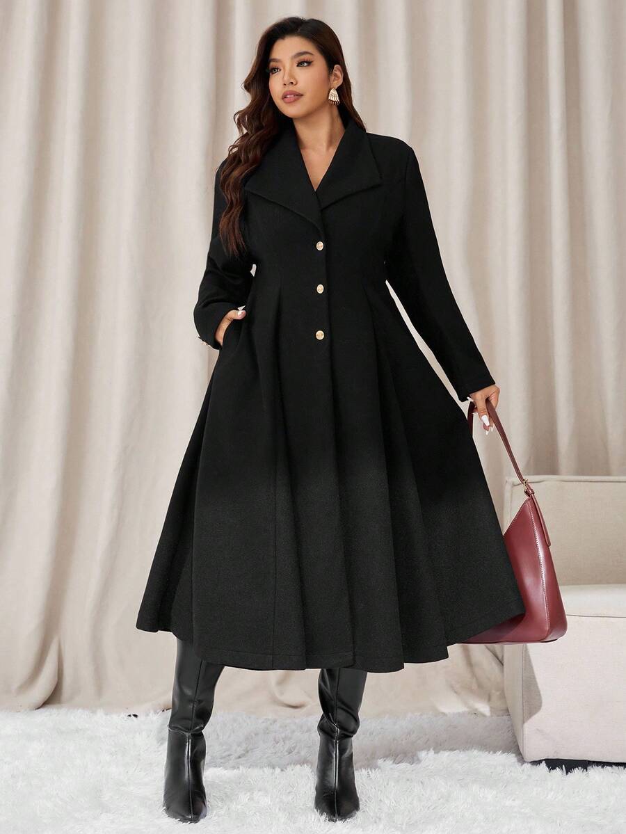 Auralis 秋冬加大码纯色口袋前扣优雅长袖长大衣 - 黑色 - 查看 1