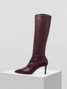 Mnmlis Elegant Pointed Toe Slim Heel Thigh High Boots, Vintage Burgundy, Professional Lady Style - Burgundy - View 1