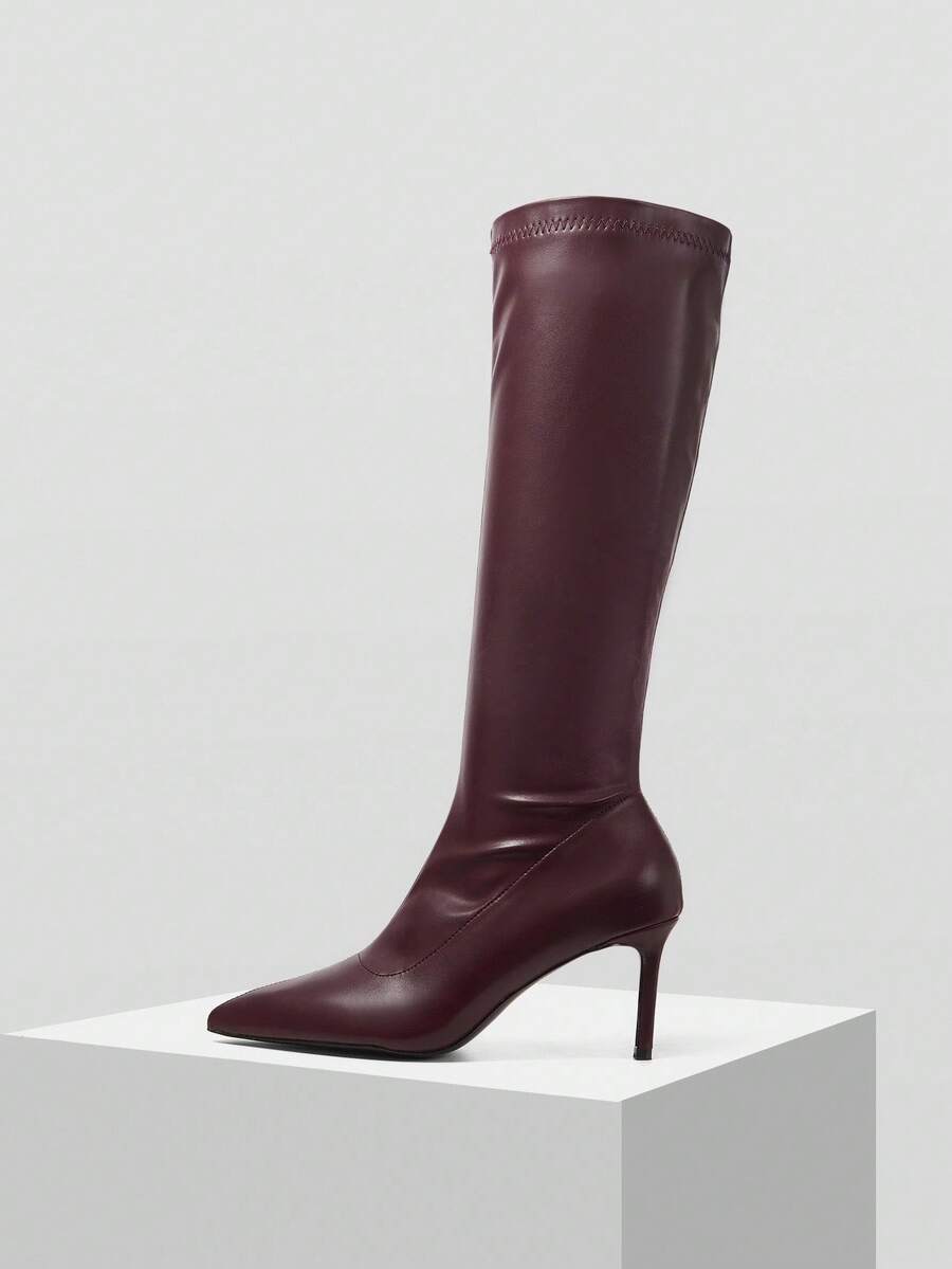 Mnmlis Elegant Pointed Toe Slim Heel Thigh High Boots, Vintage Burgundy, Professional Lady Style - Burgundy - View 1