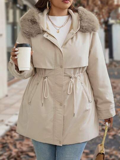 SHEIN Abrigo acolchado grueso con cuello de piel y forro térmico para mujer talla grande, de invierno