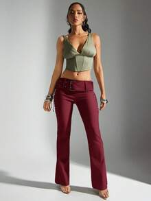 Denimoi 系带修身喇叭裤侧系带中腰裤 - 酒紅色 - 查看 3