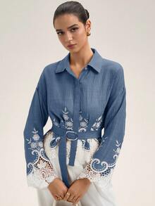 Aveloria Rosie Elegant British Style Waist Cinched Women's Shirt, Hollow Embroidered Hem, Long Sleeve Blouse For Commuting - Blue - View 5