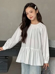 Dazy Kids Tween Girls Round Neck Long Sleeve Woven Shirt - White - View 4