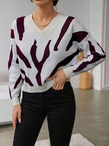 EURMUSE Lässiger Kontrast-Farbmuster Oversized Pullover, Herbst/Winter, Pullover, Creme Pullover, Pullover für Frauen, Pullover, Schwarzer Pullover, Damen Pullover, Weißer Pullover, Damen Pullover, Damen Pullover - Verschiedenfarbig - Übersicht 3