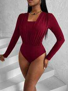 VaVaBold Women's Spring And Summer Pleated Chest 2 In 1 Long Sleeve Fashion Bodysuit - Red - View 5