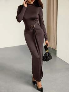 SHEIN Tall Women's Solid Color Stand Collar Long Sleeve Tie Design Fitted Elegant Brown Dress - Coffee Brown - View 7