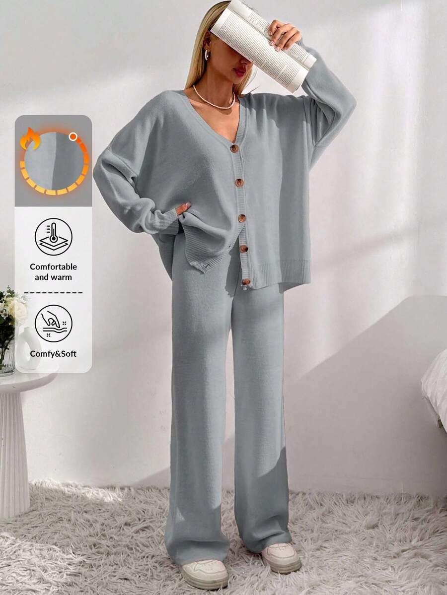 EURMUSE Drop Shoulder Cardigan & Tie Front Knit Pants Linen - Light Grey - View 1