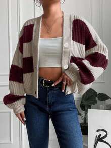 SHEIN Women's Striped Drop Shoulder Long Sleeve Single-Breasted Casual Loose Cardigan