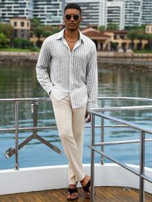 Manfinity Homme 男士修身基本款长袖条纹衬衫，秋季 - 黑與白 - 查看 3