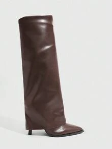 CUCCOO SZL 女士性感时尚褶裥筒咖啡色尖头侧拉链及膝靴 - 咖啡棕 - 查看 7