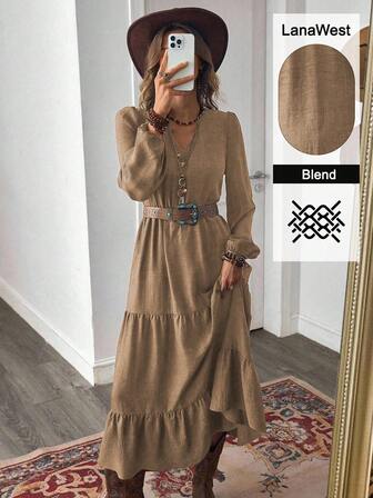 LanaWest Women's Autumn Bohemian Casual Vacation Style Rust Brown Design V-Neck Long Sleeve Patchwork Dress