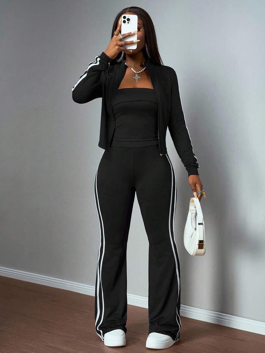 Slaydiva 2025 夏秋新款休闲简约藏青色修身长袖短款开边缝丝带T恤+修身长喇叭裤女两件套，适合日常旅行、返校、毕业、早午餐装、机场装、派对聚会、节日、旅行、简约、百搭、休闲-Z