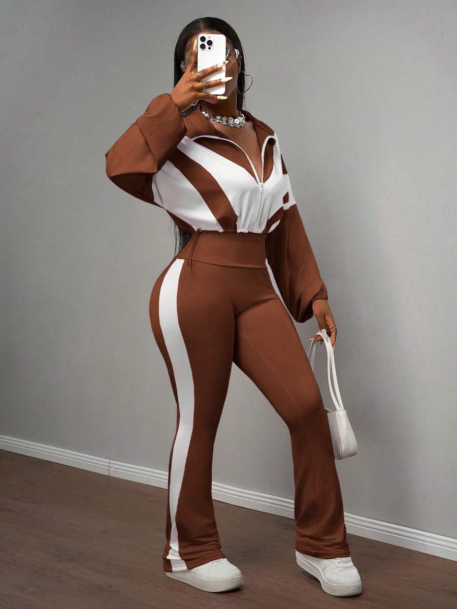 Slaydiva 2025新款早秋休闲简约日常约会运动风瑜伽服小立领前中拉链落肩白色拼接浅紫色下摆抽绳长袖上衣+紫色喇叭裤侧边白色拼接瑜伽裤针织套装女两件套-B