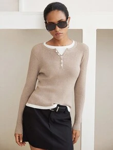 Lumivelle Áo len dệt kim chắp vá 2 trong 1 màu kaki, Thu/Đông - Màu Khaki - Xem 5
