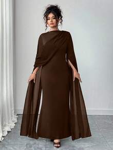 Elenzga Bata elegante con cintura ajustada, talla grande, de gasa azul marino - Café integral - Ver 3