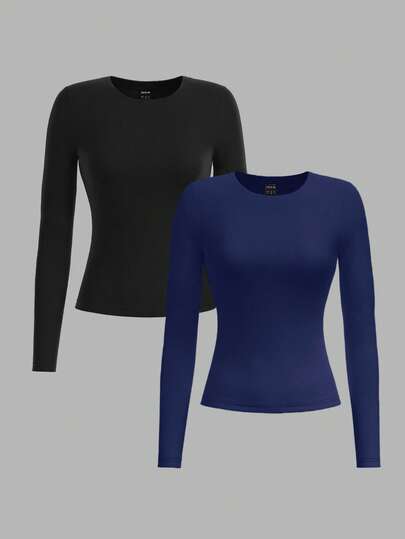 SHEIN PETITE 2pcs Women Casual Tight Fit Long Sleeve Crew Neck T-Shirt Set, Suitable For Autumn/Winter Outfits Basics Tops Women Fitted Tops Women Tight Fitted Tops Full Sleeve Tops Women Long Sleeve Tops