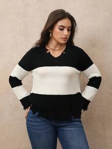 EMERY ROSE 女士休闲日常撞色V领套头衫 - 黑與白 - 查看 7