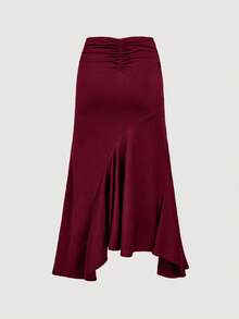 SHEIN MOD Women's Mid-Waist Ruffle Asymmetrical Hem Pleated Skirt - Burgundy - View 2