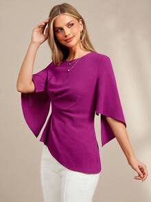 Amorya Women's Solid Color Elegant Vacation Pleated Blouse Purple Blouse Women