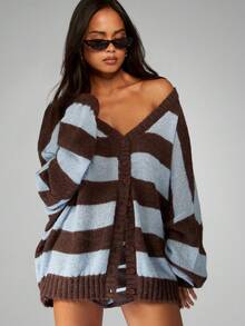 MISSGUIDED Áo len cardigan cài nút cổ chữ V cỡ lớn, kẻ sọc ngang, tay dài, ấm áp, thường ngày cho mùa đông - Nhiều màu - Xem 3