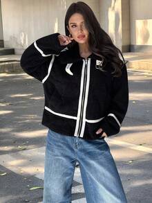 Firerie Abrigo elegante de manga larga con falso pelo y contraste de color para mujer