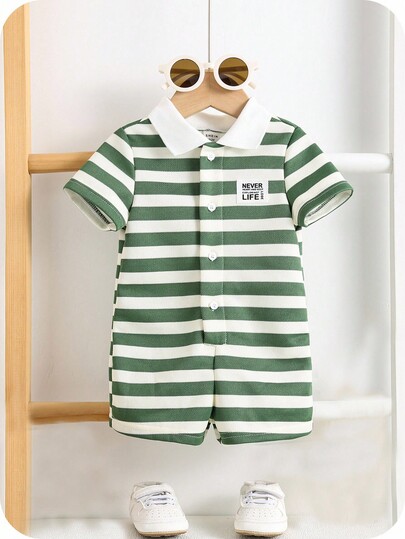 SHEIN Newborn Baby Colorful Striped Lapel Short Sleeve Romper Shorts Sets, Casual Versatile For Spring Summer Outdoor & Indoor Wear